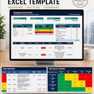 Puede incluir: Un monitor de computadora muestra un panel de plantilla de Excel de registro de riesgos con tablas para riesgos activos, críticos y una matriz de criticidad. La pantalla muestra datos de gestión de proyectos, incluyendo estado, costos de provisión y fases.