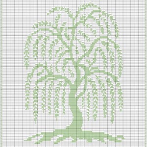 May include: A cross stitch pattern featuring a light green willow tree design on a white grid background. The tree has a central trunk with visible roots and long, drooping branches with leaves depicted in a pixelated style across the grid.