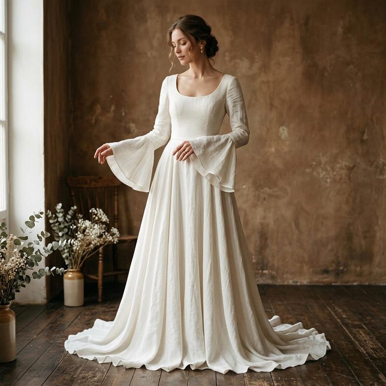 Long Bell Sleeve Linen Wedding Dress Modest A line Boho Gown Simple long-bell-sleeve-linen-wedding-dress-modest-a-line-boho-gown-simple