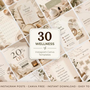 Puede incluir: Una colección de 30 plantillas de Instagram Canva sobre bienestar con una paleta de colores beige neutro, sombras suaves, elementos botánicos y diseños de texto para hábitos, rutinas y descuentos, etiquetado 30 WELLNESS Instagram Canva Templates.
