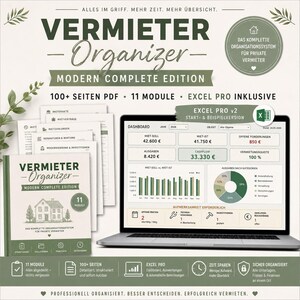 Könnte beinhalten: Ein Vermieter-Organizer-Set mit einem Laptop, der ein Finanz-Dashboard mit Diagrammen und Tabellen anzeigt, sowie einem Stapel gedruckter Dokumente. Der Text enthält 'VERMIETER ORGANIZER MODERN COMPLETE EDITION' und 'EXCEL PRO v2'.
