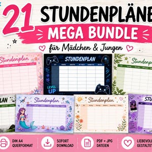 Könnte beinhalten: Ein digitales Mega-Bundle mit 21 druckbaren Stundenplänen im DIN A4-Format. Die Sammlung enthält verschiedene farbenfrohe Designs mit Motiven wie Einhörnern, Gaming-Controllern, Dinosauriern, Fußball, Meerjungfrauen, Blumen und Turnschuhen.
