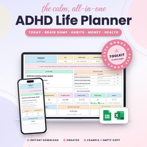 ADHD Life Planner Spreadsheet for Google Sheets & Excel, Daily Routine, Brain Dump and Task Tracker