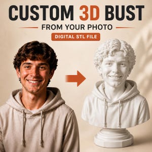 Pode incluir: Um arquivo digital STL para um busto 3D personalizado criado a partir de uma foto. A imagem mostra uma pessoa com moletom com capuz ao lado de um busto 3D branco da mesma pessoa, com o texto CUSTOM 3D BUST FROM YOUR PHOTO e DIGITAL STL FILE.