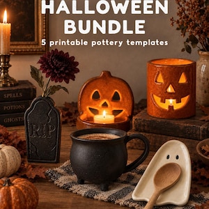 May include: A digital download Halloween bundle featuring 5 printable pottery templates. The image displays a black tombstone vase, a jack-o'-lantern candle holder, a cylindrical pumpkin lantern, a black cauldron mug, and a ghost-shaped spoon rest.