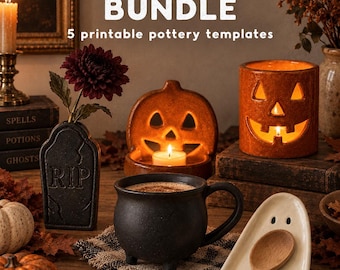 May include: A digital download Halloween bundle featuring 5 printable pottery templates. The image displays a black tombstone vase, a jack-o'-lantern candle holder, a cylindrical pumpkin lantern, a black cauldron mug, and a ghost-shaped spoon rest.