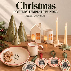 May include: A digital download bundle titled CLAY LIBRARY CO. Christmas POTTERY TEMPLATE BUNDLE featuring ceramic items: three green cone trees, a house luminary, a cylindrical candle holder, two star candle holders, a pitcher, and a plate.