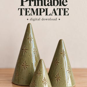May include: Three sage green cone-shaped ceramic objects with starburst carvings and small dot accents. The text at the top reads CLAY LIBRARY CO. Printable TEMPLATE digital download. The objects have a smooth, glossy finish.