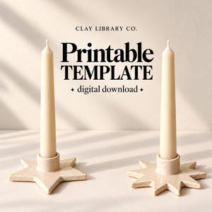 May include: Two off-white star-shaped candle holders with speckled textures, each holding a tall, slender, cream-coloured taper candle. The text reads: CLAY LIBRARY CO. Printable TEMPLATE digital download.
