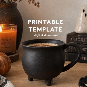 Mall för lermugg i kittel | Halloween-keramik för handbygge i PDF-format | Mönster för utskrivbar keramikmugg