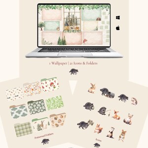 Può includere: Un set di organizzazione desktop digitale intitolato Jimothy & Woodland Friends con uno schermo di portatile con sfondo foresta, 21 icone e cartelle con illustrazioni di animali del bosco e un grafico di un procione su sfondo beige.
