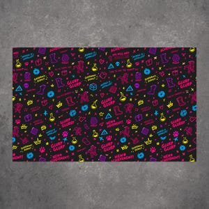 May include: A black fabric featuring a repeating pattern of neon pink, blue, and yellow icons including donuts, crowns, skulls, potion bottles, and boots. The text includes phrases like GLURP GLURP, MONGO IS APPALLED, and NEW ACHIEVEMENT.