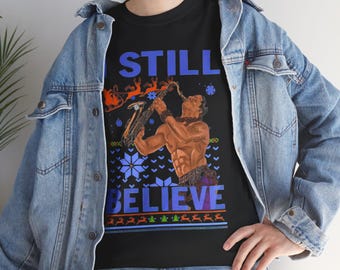 Eu ainda acredito no filme musical de vampiros Lost Boys com o saxofonista, camiseta dos anos 80, tamanhos grandes, Natal.