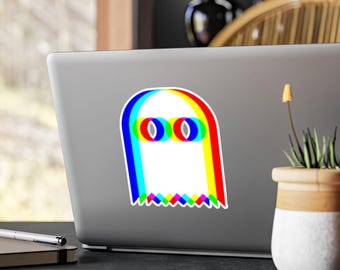 Adesivo de vinil com fantasma arco-íris glitch, estilo psicodélico, para Halloween, rave, música eletrônica e festas.