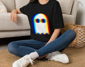 Camiseta Glitch Rainbow Ghost | Estilo retrô 3D Pixel Spirit Trippy Halloween Rave EDM Music Party