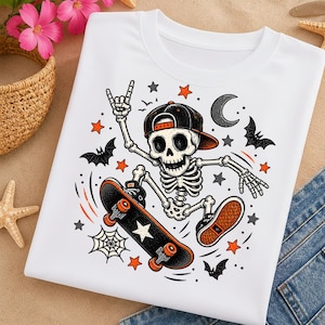 Puede incluir: Una camiseta blanca con un gráfico de un esqueleto que lleva una gorra de béisbol, monta en monopatín y hace un gesto con la mano. El diseño incluye estrellas naranjas y grises, murciélagos, una luna creciente y una telaraña.