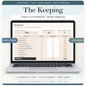 May include: A laptop screen displaying The Keeping legacy and life organizer digital spreadsheet. The interface shows a progress tracker with sections like At a Glance, Key People, Documents, and Final Wishes, indicating 98% overall completion.