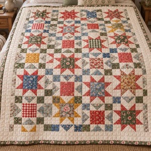 Könnte beinhalten: Eine Patchwork-Decke mit einem sich wiederholenden Muster aus Stern- und Quadratblöcken. Das Design umfasst verschiedene Blumen-, Gingham- und einfarbige Stoffe in Rot-, Blau-, Gelb-, Grün- und Cremetönen. Die Decke hat einen cremefarbenen Rand und sichtbare Nähte.