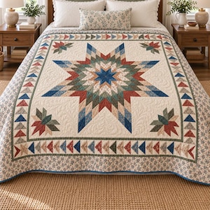 May include: A cream-colored quilt featuring a large central star pattern composed of blue, red, and green geometric fabric pieces. The quilt is bordered by a row of small triangles and a floral print edge, with intricate feather-like stitching.