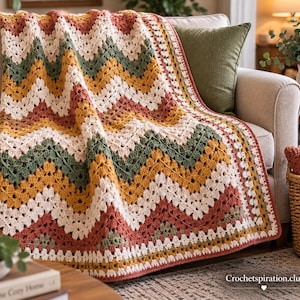 Könnte beinhalten: Eine Häkeldecke mit einem sich wiederholenden Zickzackmuster in Creme, Senfgelb, Salbeigrün und Terrakotta-Orange. Das Textil hat eine strukturierte Konstruktion mit offenen Maschen und einem Rand. Der Text Crochetspiration.club ist sichtbar.