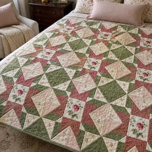 Floral Vintage Star Quilt Pattern, PDF Sewing Pattern