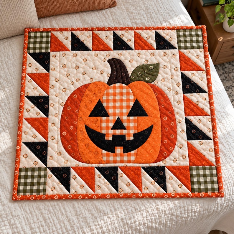 May include: A square quilted wall hanging featuring a central jack-o'-lantern pumpkin with a black face and orange gingham center. The border consists of alternating orange and black triangles with green and white checkered corner squares.