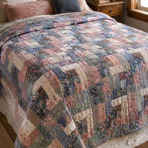 Op de afbeelding: Een patchwork sprei met een herhalend blokpatroon bestaande uit diverse stoffen vierkanten in tinten oudroze, gedempt blauw, crème en saliegroen. Het textiel toont een mix van kleine bloemenprints, kleine ruitjes en effen kleuren.