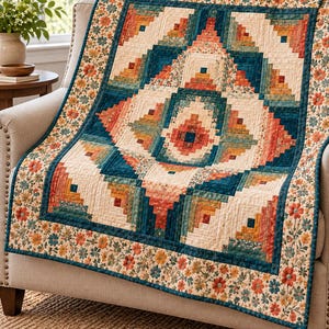 May include: A quilt featuring a log cabin pattern with a central geometric design in shades of teal, cream, orange, and rust. The quilt is bordered by a cream fabric with a repeating floral print of small orange and blue flowers and green leaves.