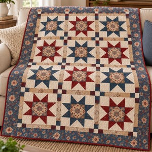 May include: A quilt featuring a repeating star pattern in deep red and navy blue, set against a cream-coloured background. The design includes a floral-patterned border in blue and red, with small square accents connecting the star blocks.