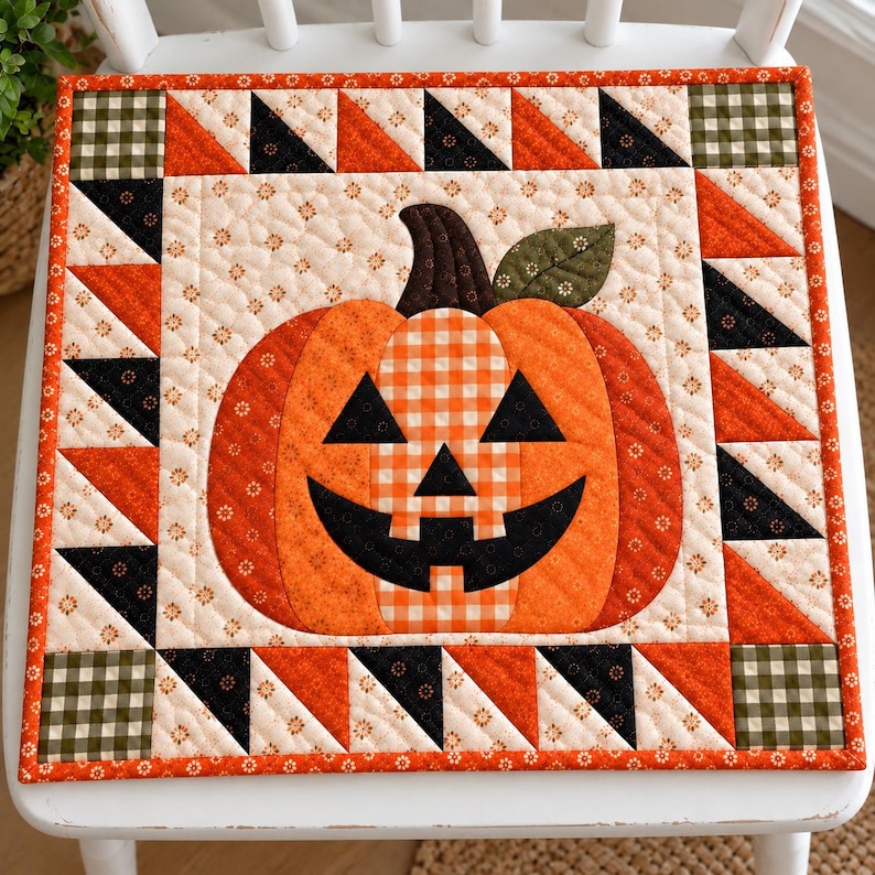 May include: A square quilted wall hanging featuring a central jack-o'-lantern pumpkin with a black face, orange gingham, and floral fabric. The border consists of a geometric pattern of orange, black, and cream triangles and green gingham corners.
