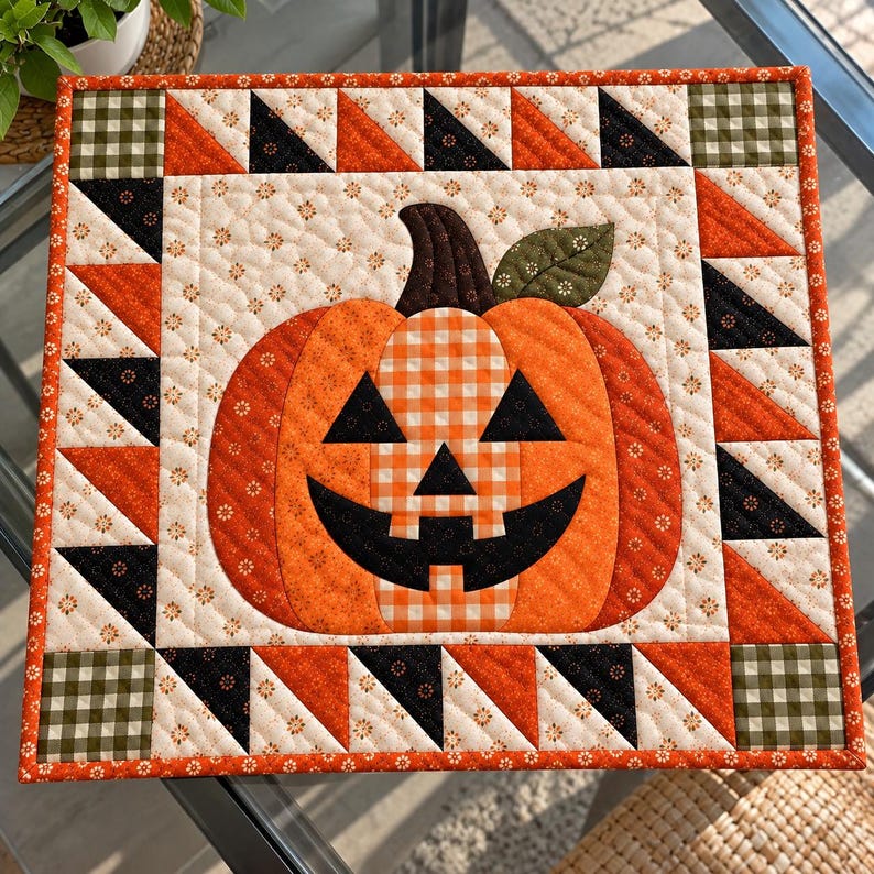 May include: A square quilted wall hanging featuring a central jack-o'-lantern pumpkin with a black face on a cream floral background. The border consists of alternating orange, black, and green fabric triangles and squares with floral patterns.