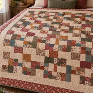 May include: A patchwork quilt featuring a repeating grid of cream-colored squares interspersed with squares in various floral patterns of muted red, blue, green, and gold. The quilt has a wide border with a small-scale floral print in red and cream.