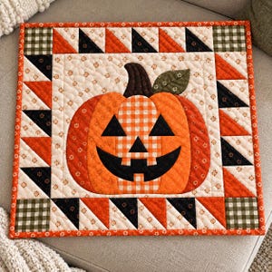 May include: A square quilted wall hanging featuring a central jack-o'-lantern pumpkin with a black stem and green leaf. The pumpkin is surrounded by a border of alternating orange, black, and cream-colored fabric triangles and small squares.