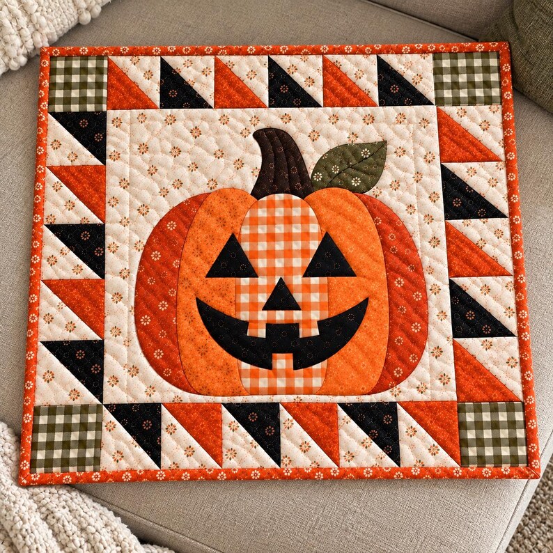 May include: A square quilted wall hanging featuring a central jack-o'-lantern pumpkin with a black stem and green leaf. The pumpkin is surrounded by a border of alternating orange, black, and cream-colored fabric triangles and small squares.