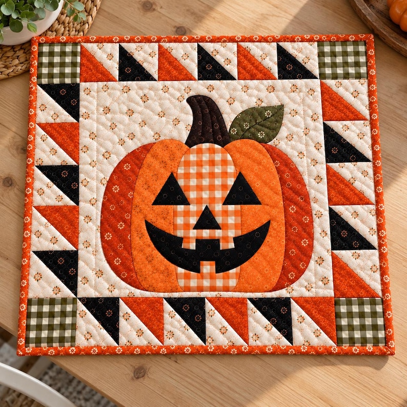 May include: A square quilted fabric mat featuring a central jack-o'-lantern pumpkin with a black face, orange gingham, and floral patterns. The border consists of alternating orange, black, and green checkered triangles with a floral trim.