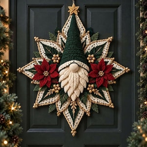 May include: A star-shaped crochet wall hanging featuring a central gnome with a dark green pointed hat and a cream-colored beard. The design includes red poinsettia flowers, dark green leaves, and small gold beads arranged in a symmetrical pattern.