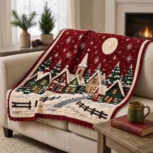 May include: A crochet blanket featuring a winter village scene with a deep red background, a large cream-colored moon, white snowflakes, green pine trees, and several houses with snow-covered roofs, all bordered by a scalloped red edge.