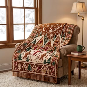 May include: A woven throw blanket featuring a festive winter scene with gingerbread houses, a snowman, gingerbread people, pine trees, candy canes, and a silhouette of Santa and his sleigh against a brown background with fringe trim.