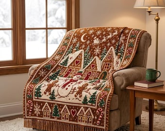 May include: A woven throw blanket featuring a festive winter scene with gingerbread houses, a snowman, gingerbread people, pine trees, candy canes, and a silhouette of Santa and his sleigh against a brown background with fringe trim.