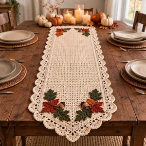 Autumn Crochet Table Runner Pattern PDF, Maple Leaf & Acorn Lace, Thanksgiving Fall Decor