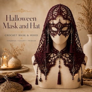 Può includere: Un set composto da maschera e cappuccio all'uncinetto color bordeaux scuro con intricati motivi in pizzo, catenelle di perline pendenti e piccole nappe. Il testo "Halloween Mask and Hat" e "CROCHET MASK & HOOD" è visibile a sinistra.