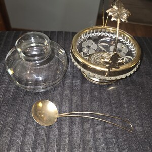 Vintage Cut Glass Jam Jelly Condiment Pot with Lid & Gold Spoon | Mid-Century Serving Piece