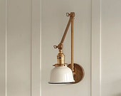 Articulating Industrial Wall Lamp - Brass wall lamp with 5 quot White or Black Porcelain Enamel Shade