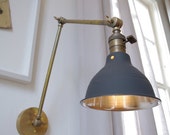 Industrial Articulating Brass Wall Lamp with shop shade - Mid century style - Raw Brass Task Boom Lamp - School House Shade