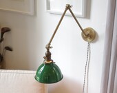 Articulating Industrial Wall Lamp - Brass Scissor Lamp with Gas Station Porcelain Enamel Shade