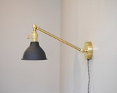 Petite Industrial Articulating Brass Wall Lamp with Black Metal Shop Shade - Adjustable Brass Light