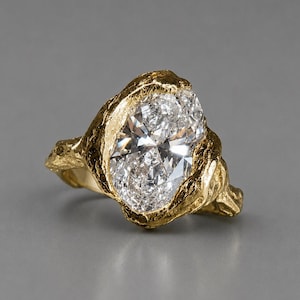 Unique Oval Cut Moissanite Engagement Ring, 14K Organic Gold Wedding & Anniversary Ring, Rustic Bezel Set Solitaire Ring, Proposal Ring