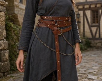 May include: A dark gray long-sleeved tunic with a V-neckline and patterned trim, worn with a multi-layered brown leather belt featuring brass-toned metal rings, buckles, studs, and thin hanging chains that drape across the front of the garment.