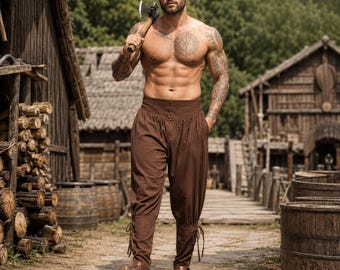 Pantaloni da uomo in cotone per festival medievali, pantaloni da pirata vichingo per cosplay, pantaloni da lanzichenecco per fiere rinascimentali, pantaloni per costumi