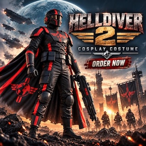Könnte beinhalten: Ein schwarz-rotes Helldiver 2 Cosplay-Kostüm bestehend aus einem taktischen Ganzkörperanzug, einem Helm mit dunklem Visier, einem langen Umhang mit kreisförmigem Emblem und einem großen Spielzeuggewehr. Der Text HELLDIVER 2 COSPLAY COSTUME und ORDER NOW ist sichtbar.